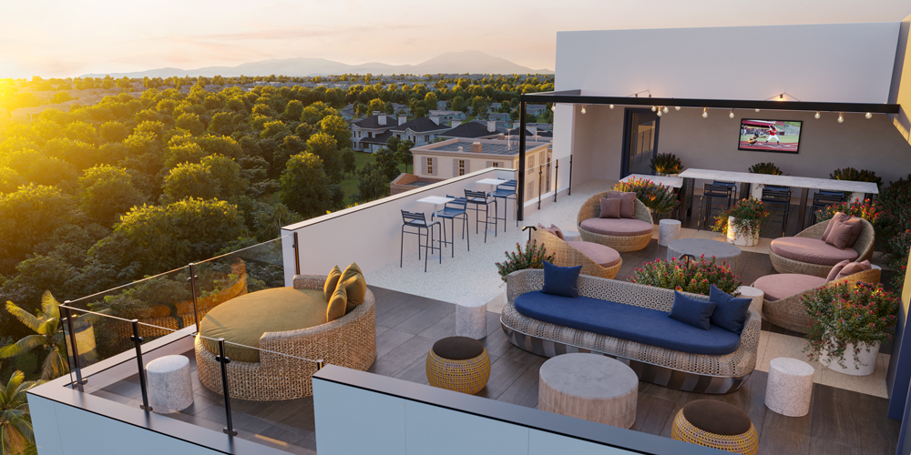 Rooftop terrace with lounge seating and bay area views