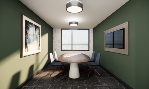 Conference room with a table, seating and windows