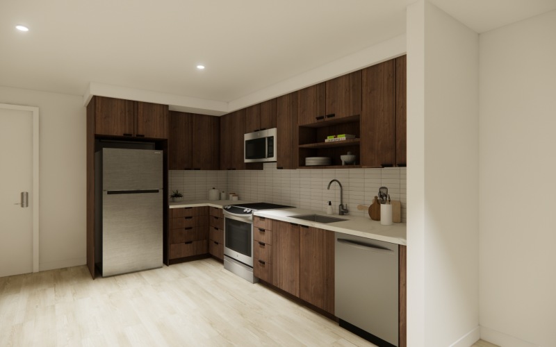 Kitchen with stainless steel appliances and wood cabinets