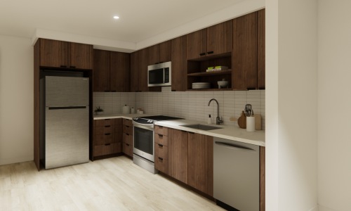 Kitchen with stainless appliances and wood cabinets