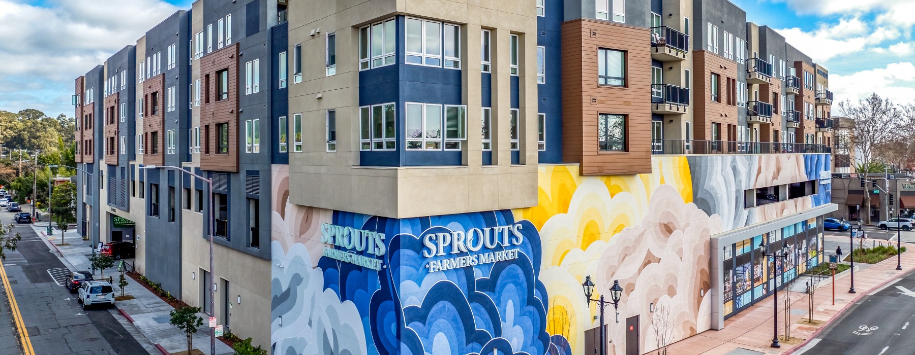 Building exterior with large floral mural