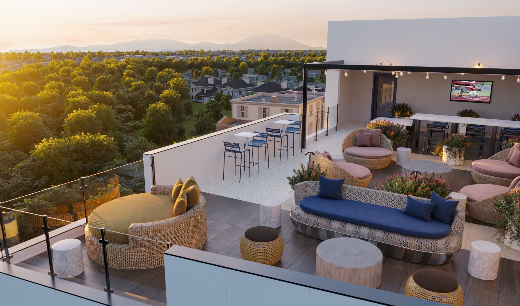 a room with a balcony and a pool