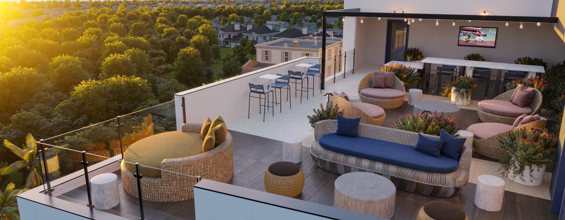 a room with a balcony and a pool