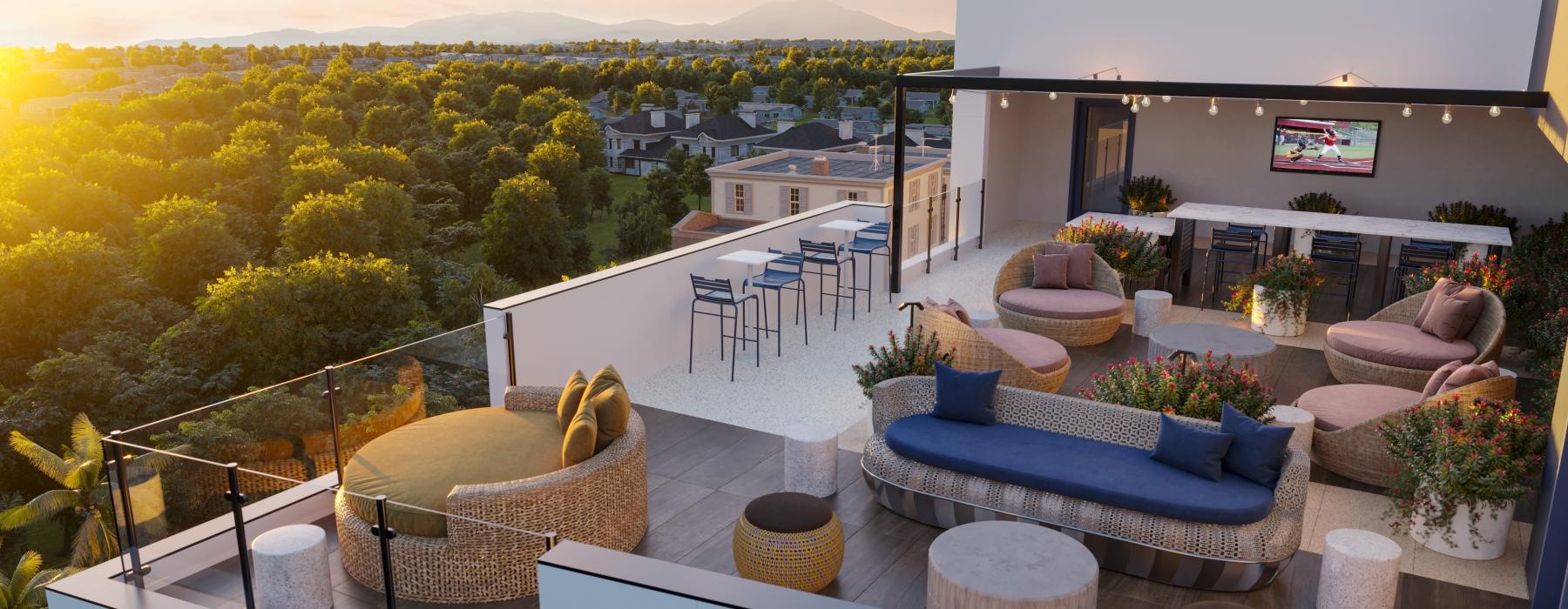 a room with a balcony and a pool