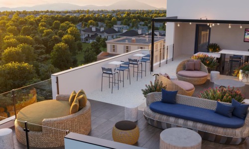 a room with a balcony and a pool