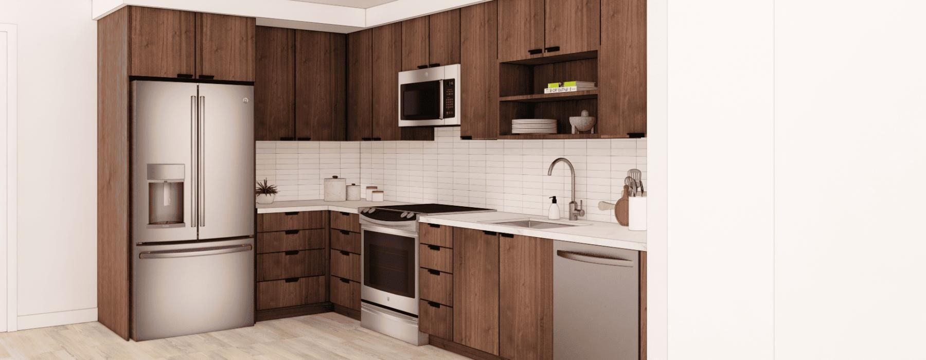 a kitchen with wooden cabinets